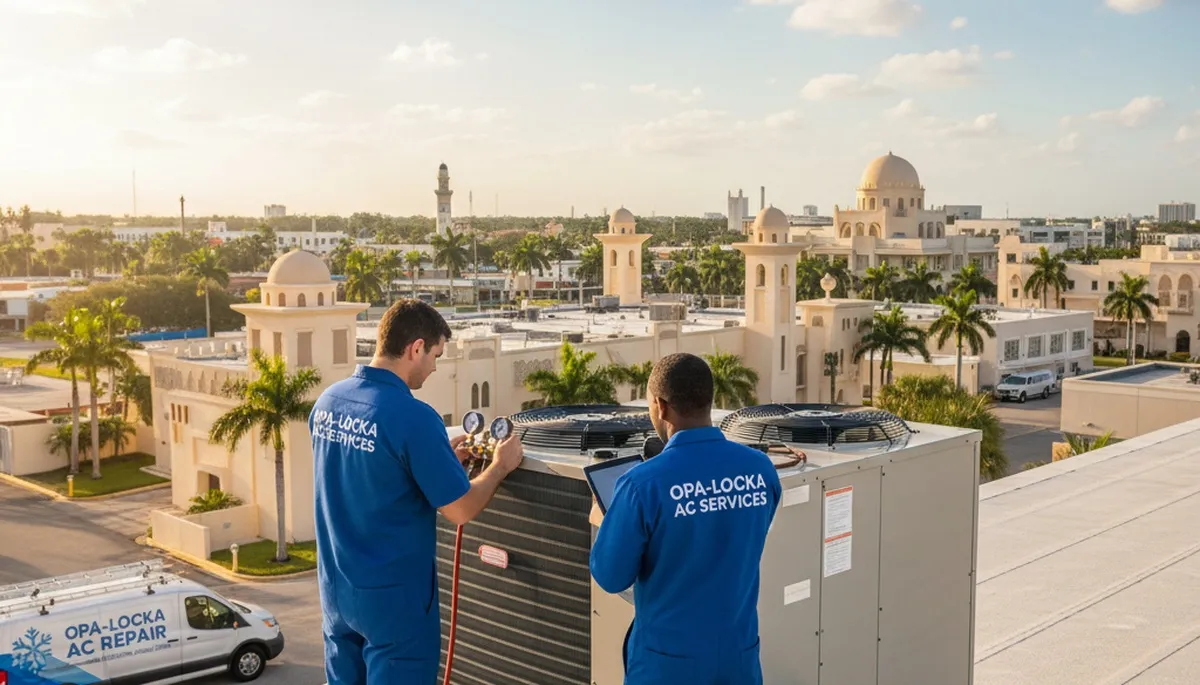 Professional AC repair technician servicing air conditioner in North Miami Beach FL home