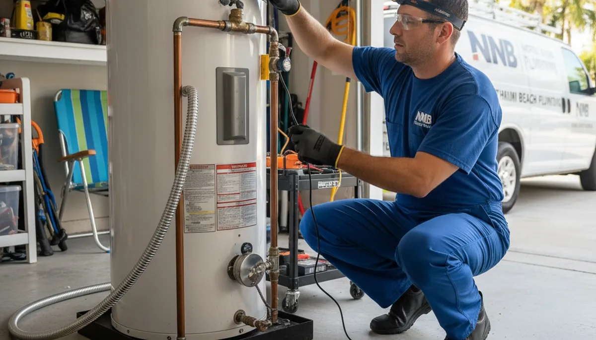 Technician performing water heater repair at North Miami Beach FL home for Five Star Cooling